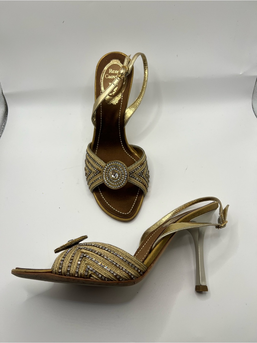 Rene Caovilla Gold Crystal Medallion Slingback Heels - Picture 3 of 15